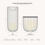 Flower Pot Lamp dimensions and specifications — tall 16 by 37.5 inches, regular 22 by 22 inches, remote solar panel, IP65
