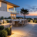 LaVie Solar Lights lighting an outdoor dining terrace at dusk