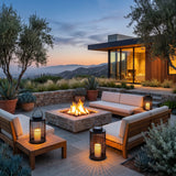 Lantern Sora Weave lanterns around an outdoor fire pit seating area at dusk