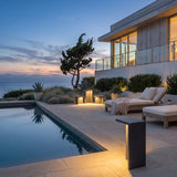 Block Lane Outdoor Solar Light lining a poolside terrace at dusk