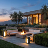 Garden Lantern (Solar) around an outdoor fire pit seating area at dusk