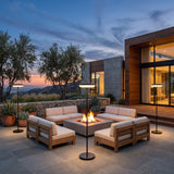 Signature Outdoor Solar Lamp around an outdoor fire pit seating area at dusk