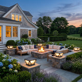 Glow Beam Outdoor Light (Solar) around an outdoor fire pit seating area at dusk