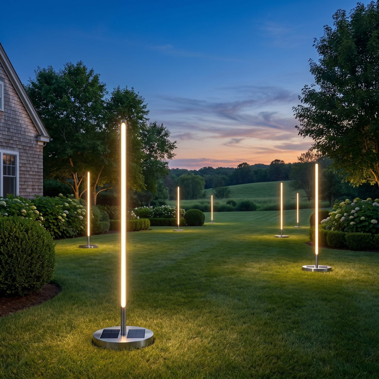 Several lamps glowing along a dark garden path