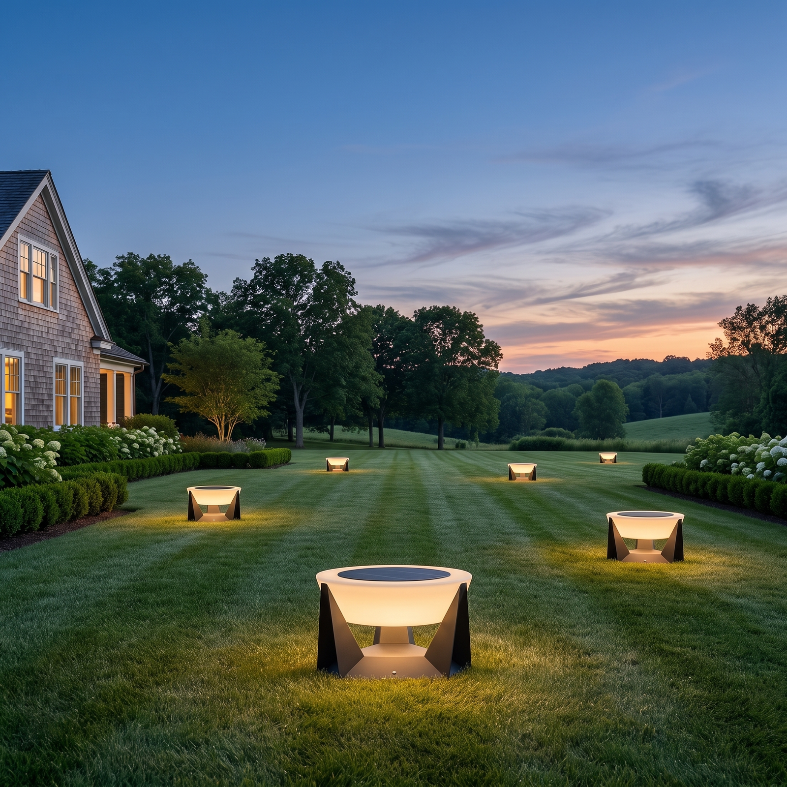 Several lamps glowing along a dark garden path