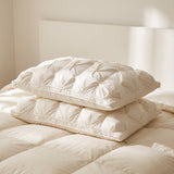 Two plush cream goose down pillows stacked, deep loft and piped border