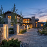 Stripe Lined Wall Lights mounted on masonry gate piers at dusk