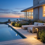 LaVie Solar Lights lining a poolside terrace at dusk