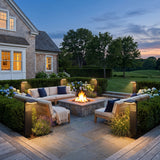 LaVie Solar Lights around an outdoor fire pit seating area at dusk