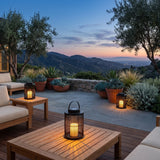 Lantern Sora Weave lanterns moved around an outdoor lounge setting at dusk