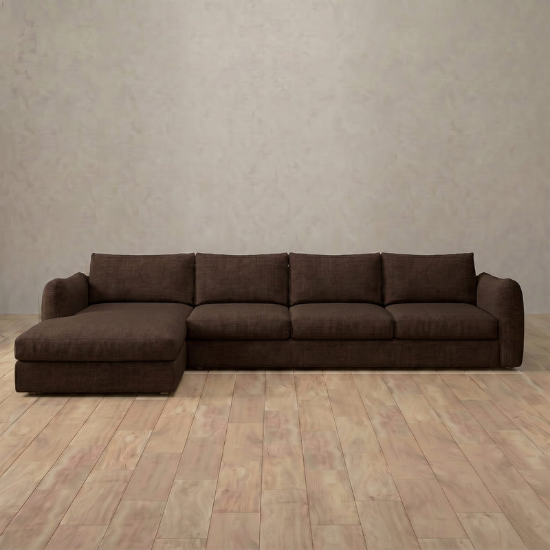 Linen Blend::Contemporary Italian Sofa 4 Seater - Right Facing with Chaise Espresso Linen Blend 8:LB
