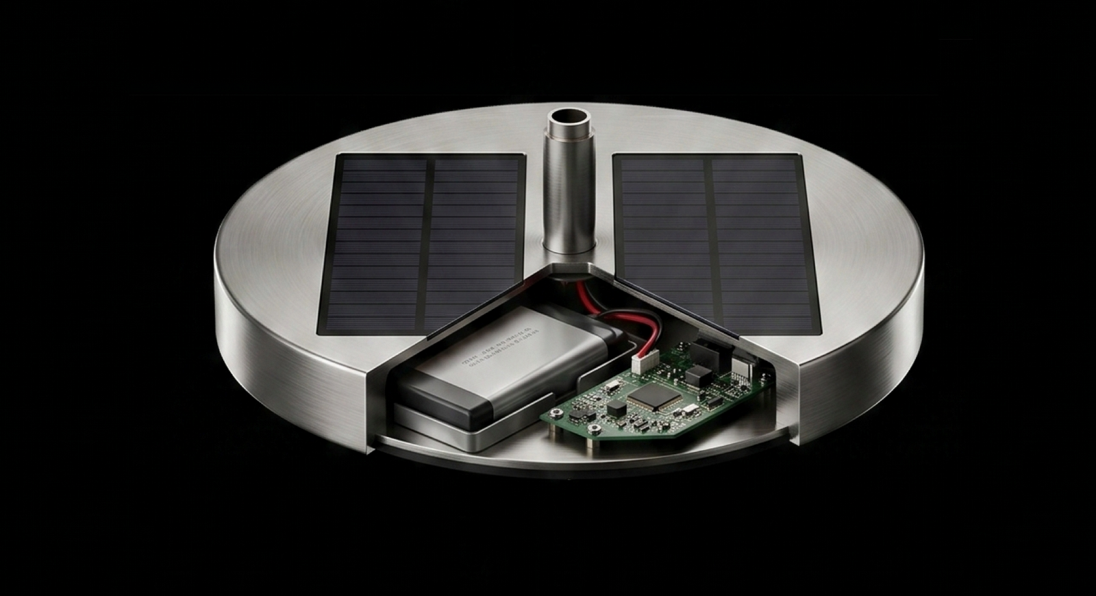 Macro of the machined stainless base and solar panels