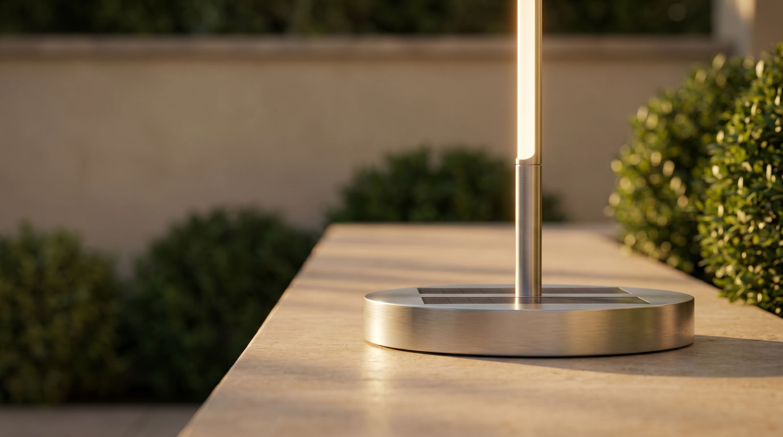 Macro close-up of the machined satin stainless-steel base edge where the rod and solar panel meet