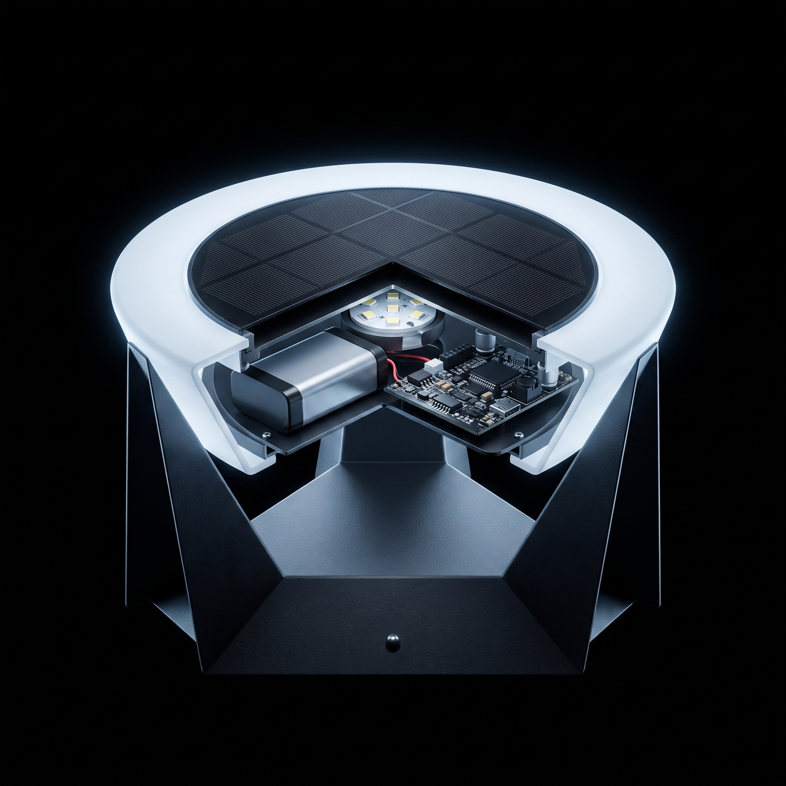 Macro of the machined stainless base and solar panels