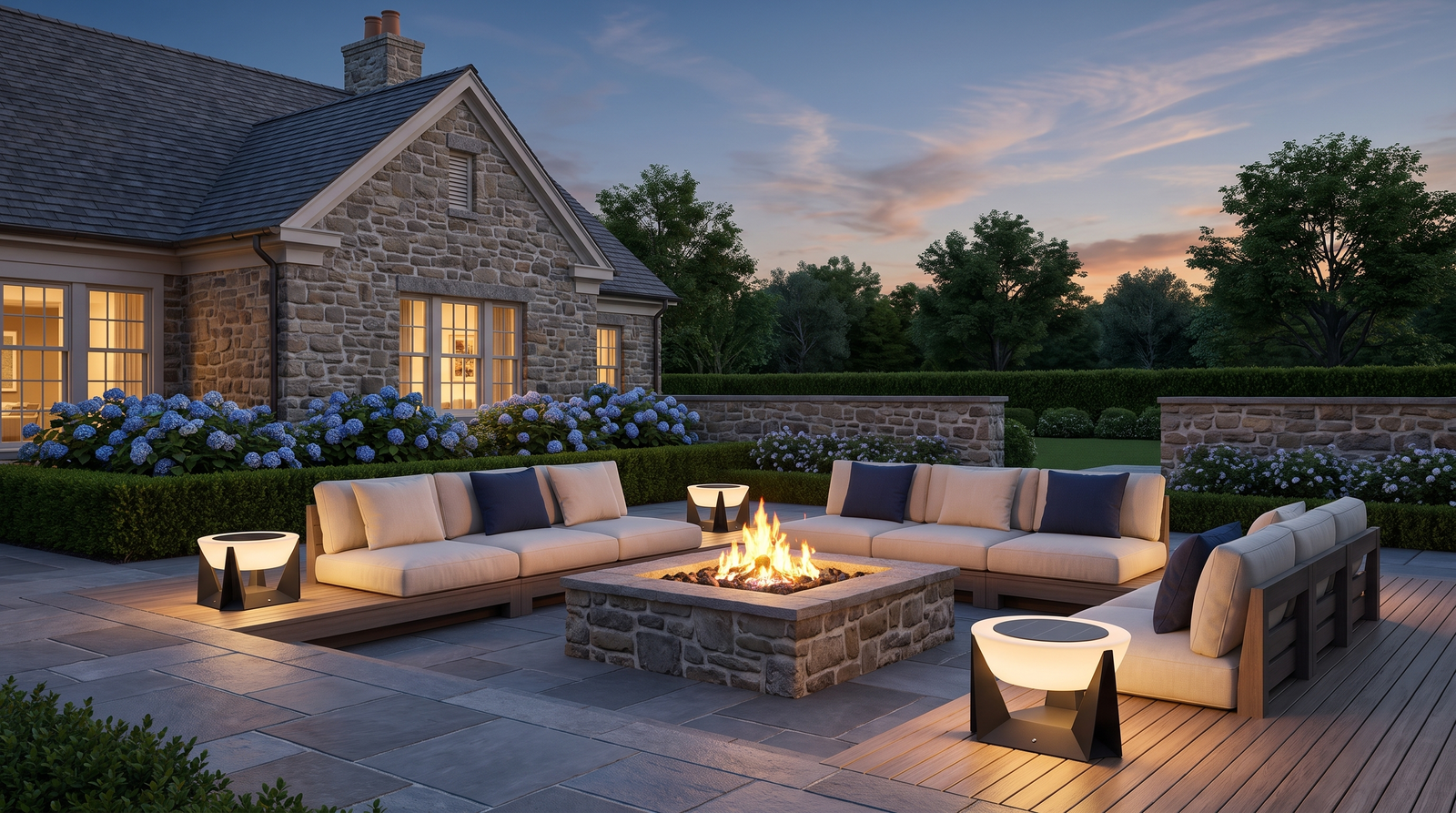 Several Modern Outdoor Floor Lamps glowing together in sync