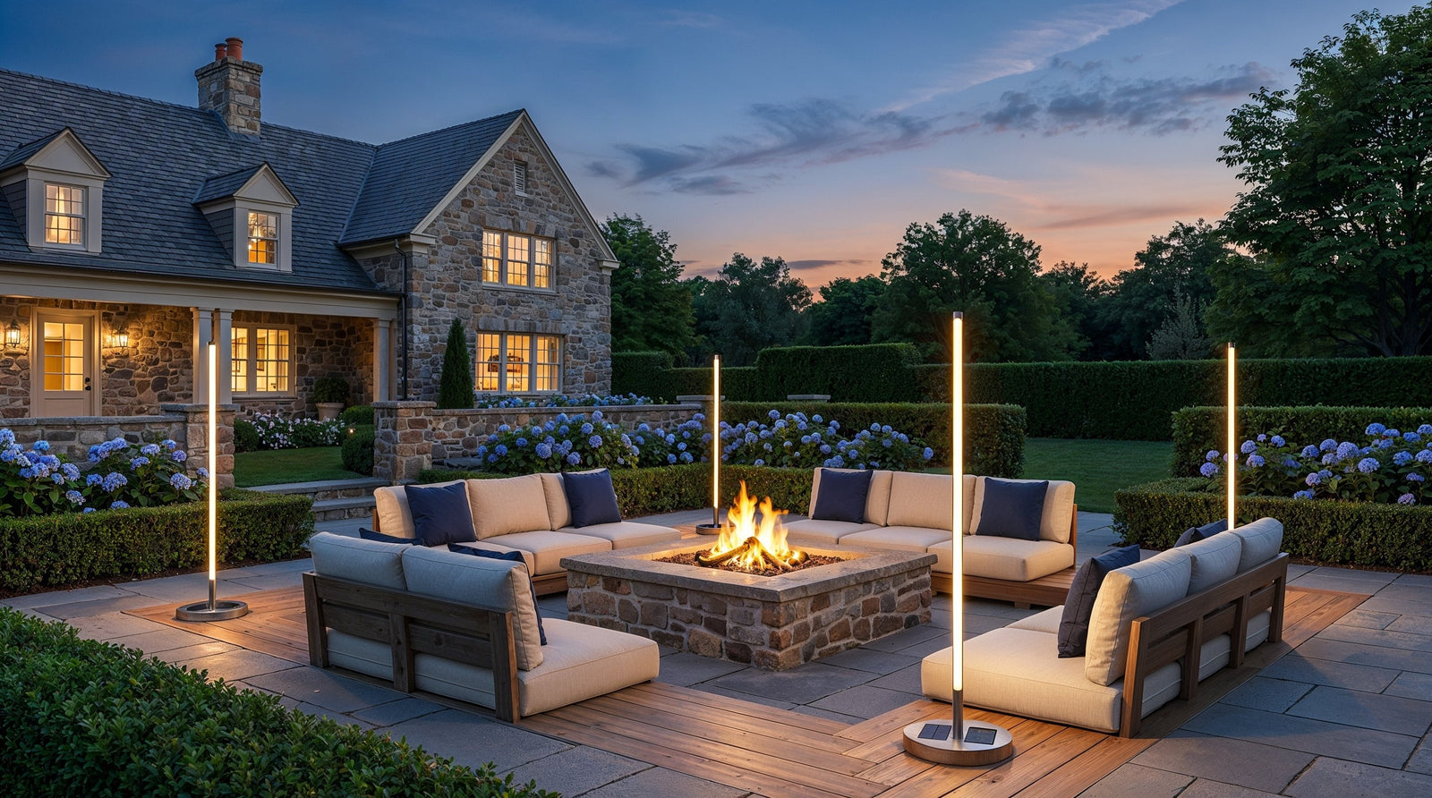 Several Modern Outdoor Floor Lamps glowing together in sync